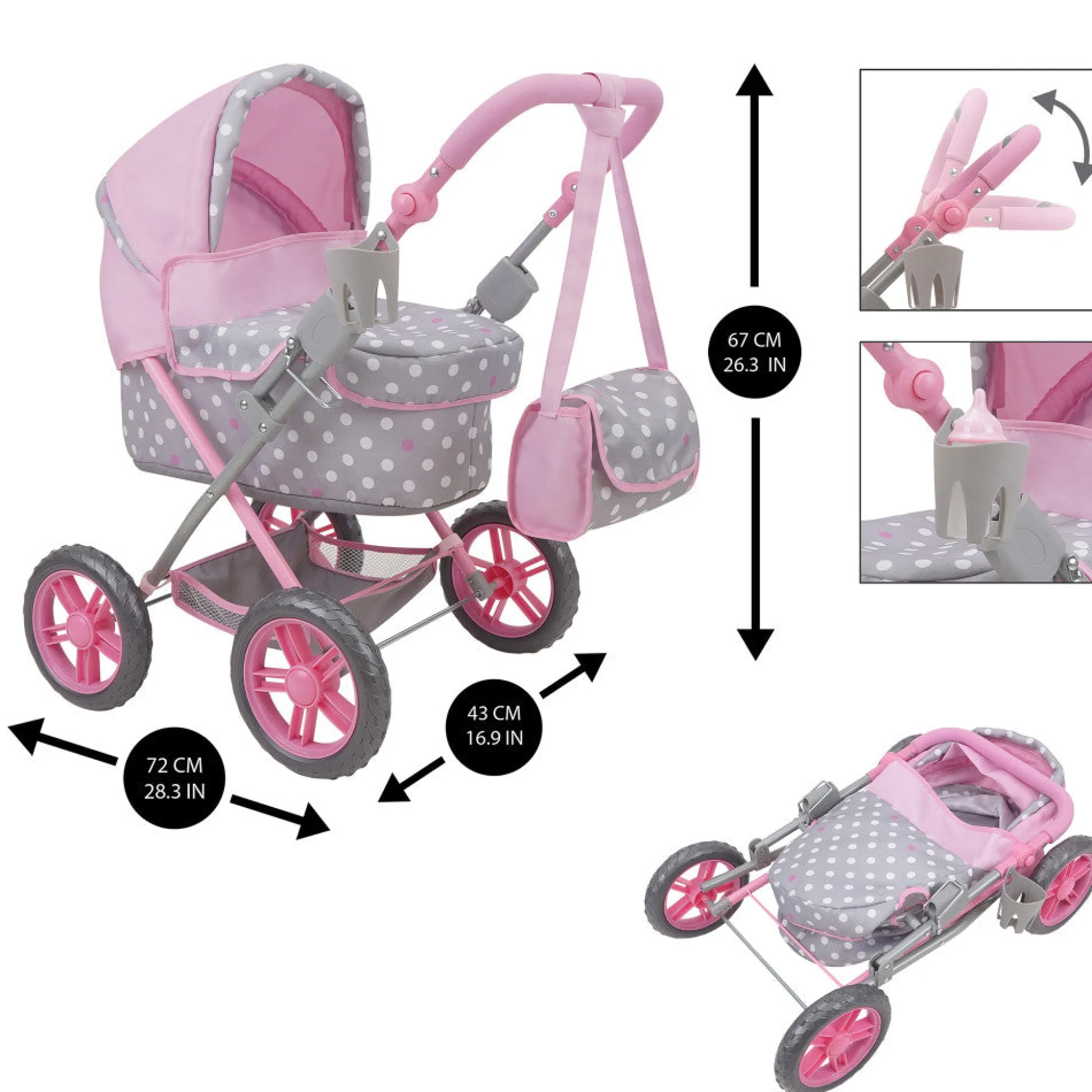 Flat River Group 509 Crew Amanda Doll Pram in Cotton Candy Pink with Polka Dots* Stuffed Animals & Plush Toys