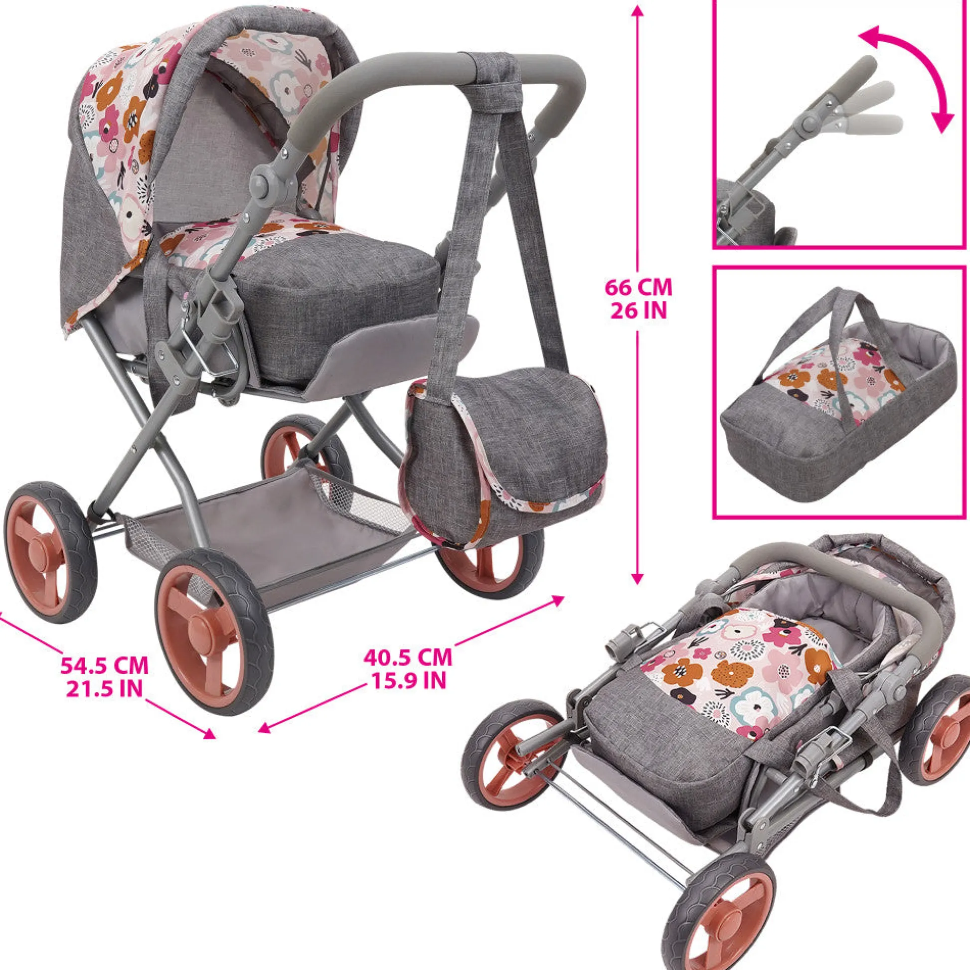 Flat River Group 509 Crew Kelly Deluxe Doll Pram with Melange Flora Design and Matching Bag* Stuffed Animals & Plush Toys