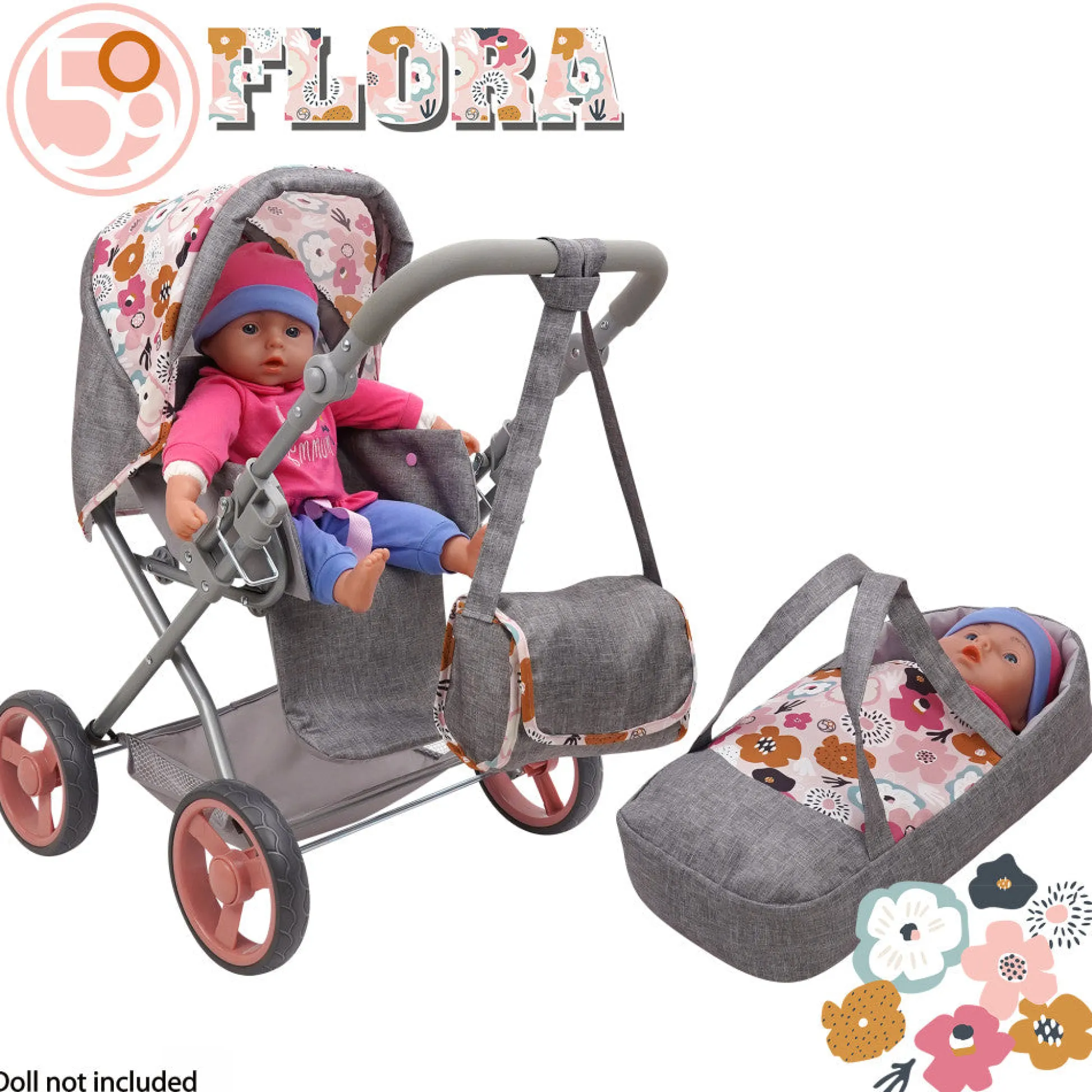 Flat River Group 509 Crew Kelly Deluxe Doll Pram with Melange Flora Design and Matching Bag* Stuffed Animals & Plush Toys