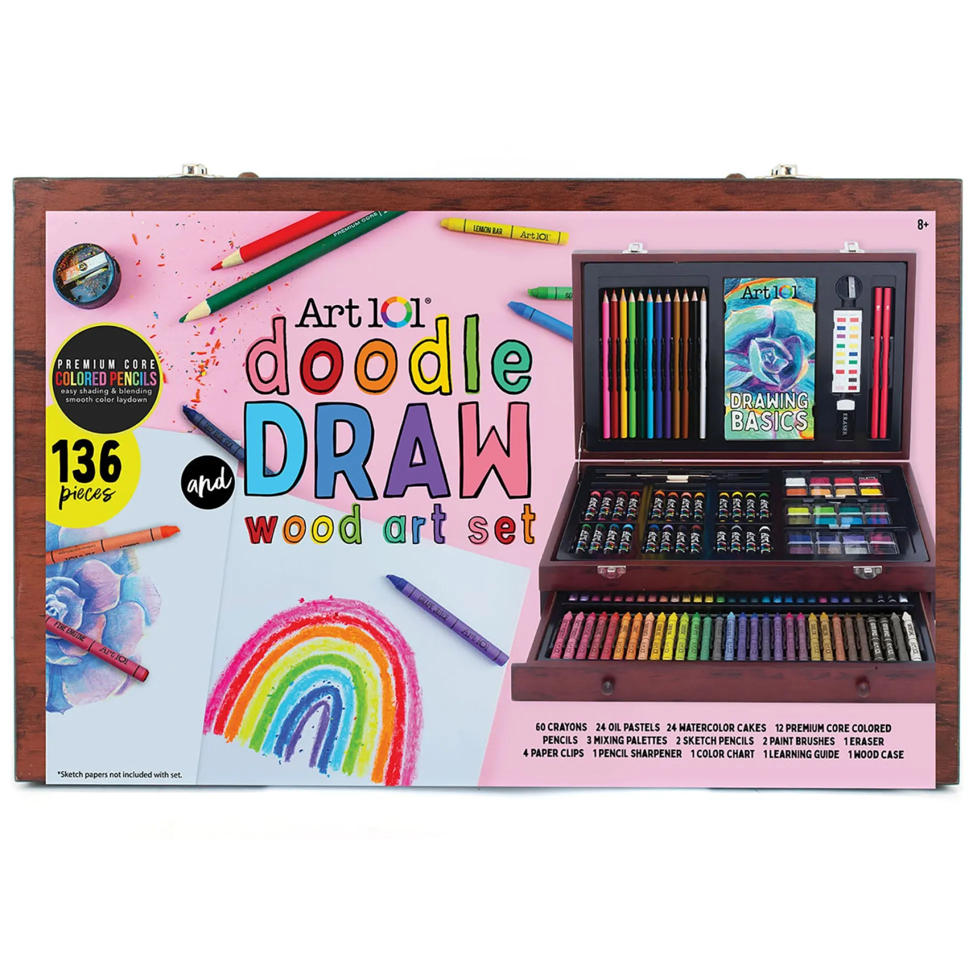 Educators Resource Art 101 Doodle & Draw Deluxe 136-Piece Multimedia Art Set - Wood Case* Drawing, Color & Painting