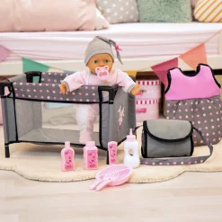 Flat River Group Bayer Design Deluxe Baby Doll Travel Bed Playset with Accessories* Social & Emotional Skills|Stuffed Animals & Plush Toys