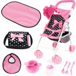 Flat River Group Bayer Design Doll Stroller Playset with Accessories - Pink & Black Hearts* Social & Emotional Skills|Stuffed Animals & Plush Toys