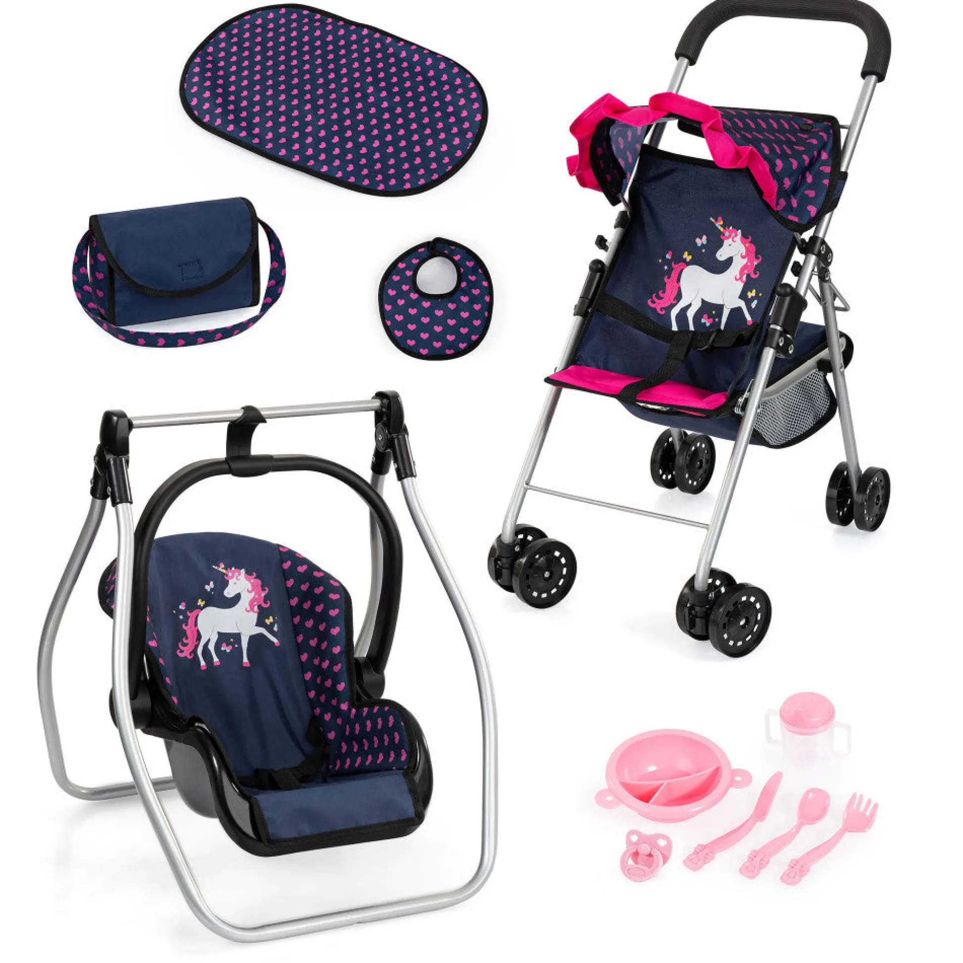 Flat River Group Bayer Design Dolls: 11 Piece Stroller Set - Navy, Pink, Hearts, Unicorn* Stuffed Animals & Plush Toys