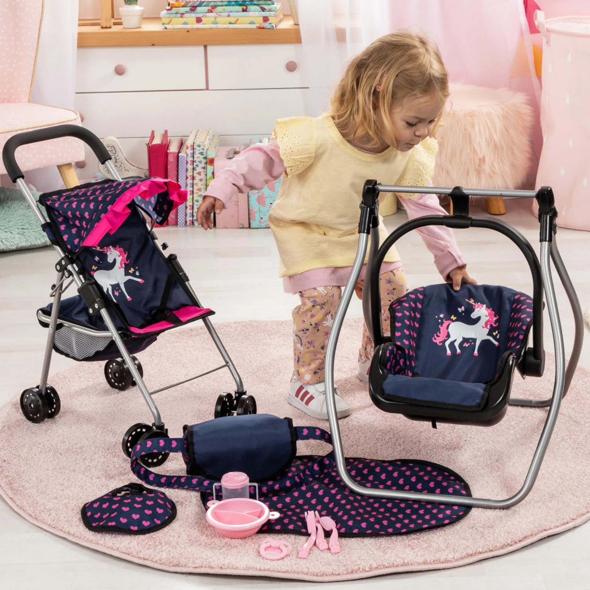 Flat River Group Bayer Design Dolls: 11 Piece Stroller Set - Navy, Pink, Hearts, Unicorn* Stuffed Animals & Plush Toys
