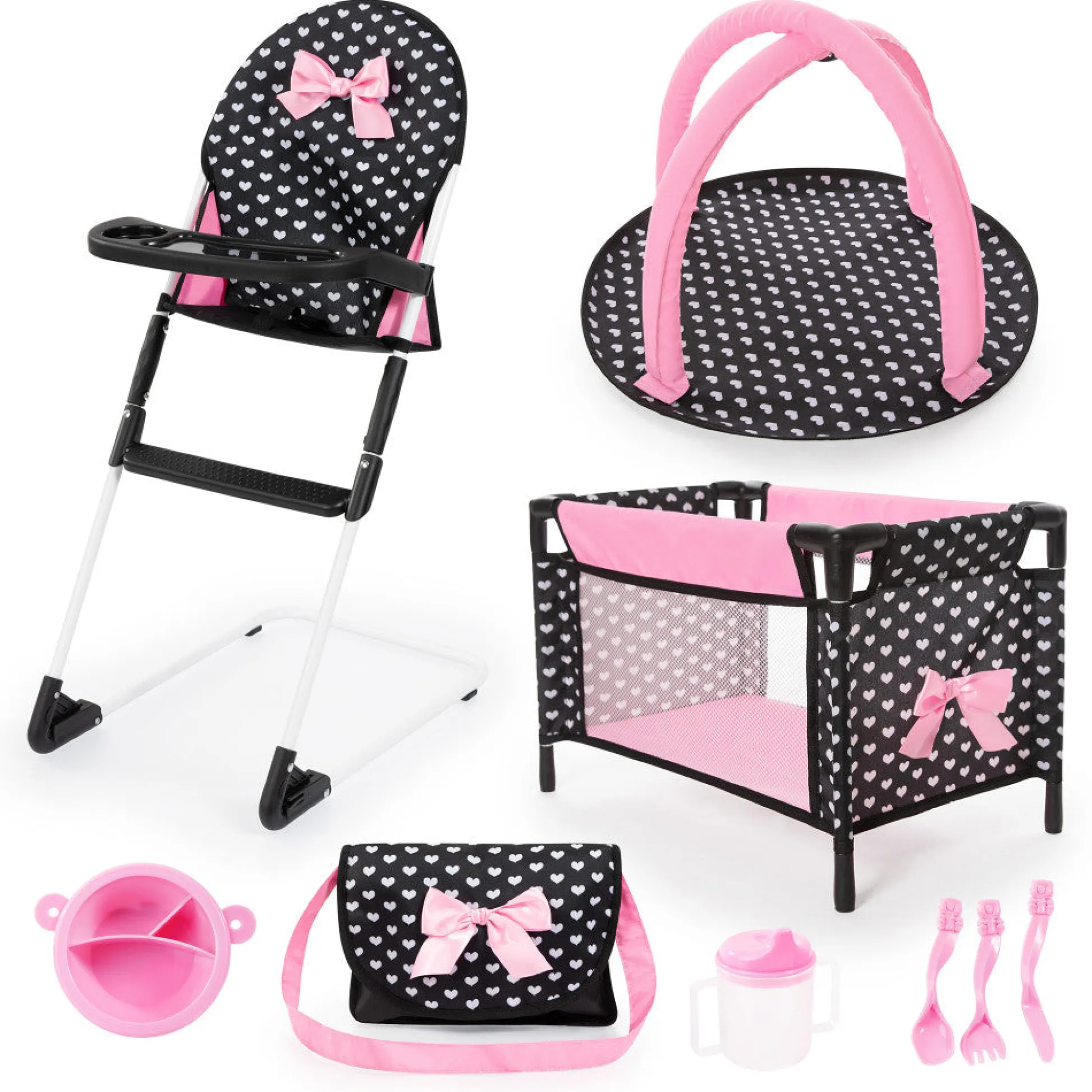 Flat River Group Bayer Design Dolls: 9-Piece Travel Set with Highchair and Port-a-Crib - Black, Pink, Hearts* Stuffed Animals & Plush Toys