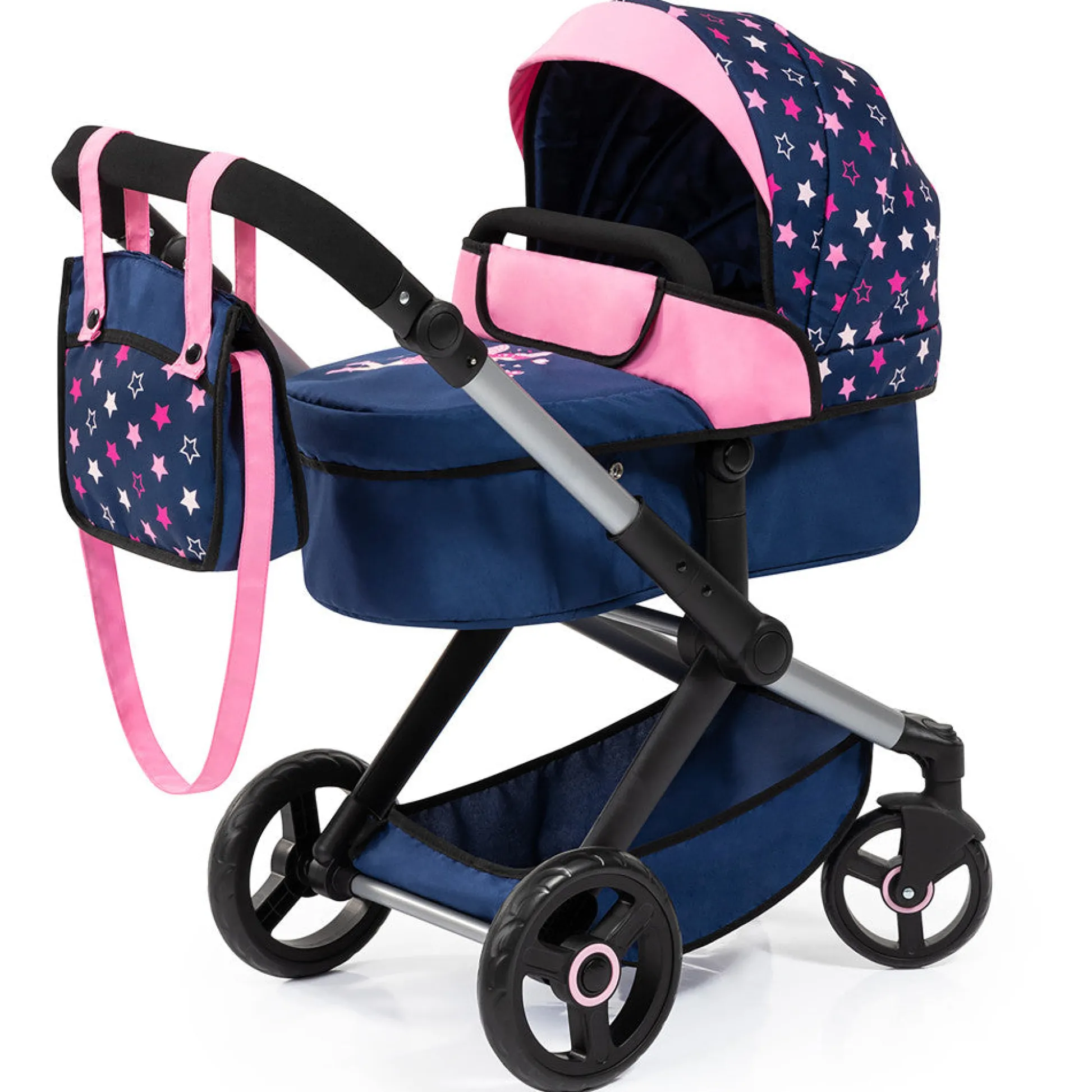 Flat River Group Bayer Design Dolls Pram Xeo - Adjustable Combi Doll Stroller, Blue, Pink, Stars* Social & Emotional Skills|Stuffed Animals & Plush Toys