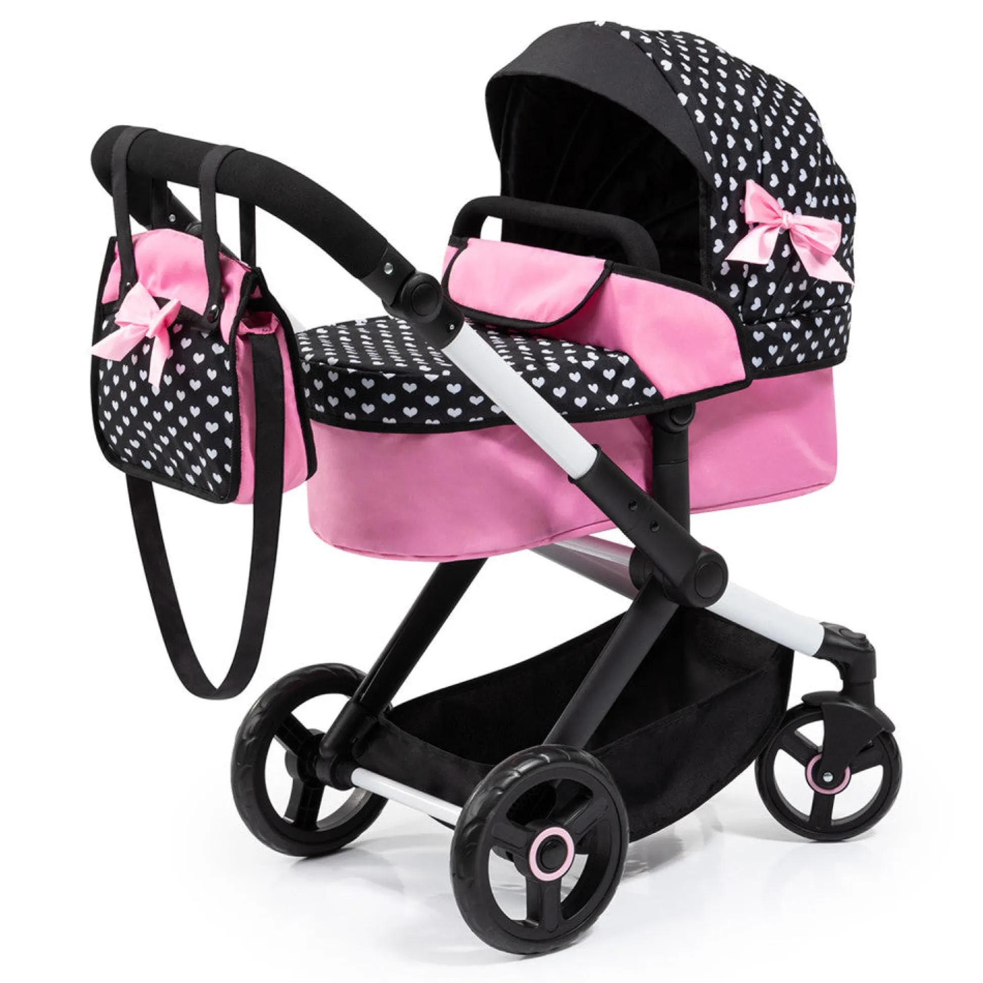 Flat River Group Bayer Design Dolls Pram Xeo, Hearts Black & Pink with Matching Handbag* Social & Emotional Skills|Stuffed Animals & Plush Toys