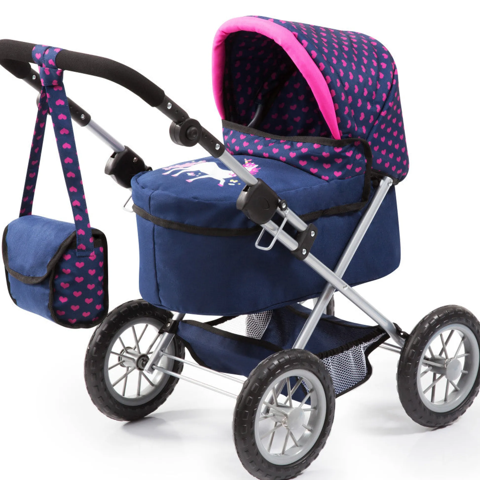 Flat River Group Bayer Design Trendy Doll Pram, Adjustable Handle, Blue Pink Hearts* Stuffed Animals & Plush Toys