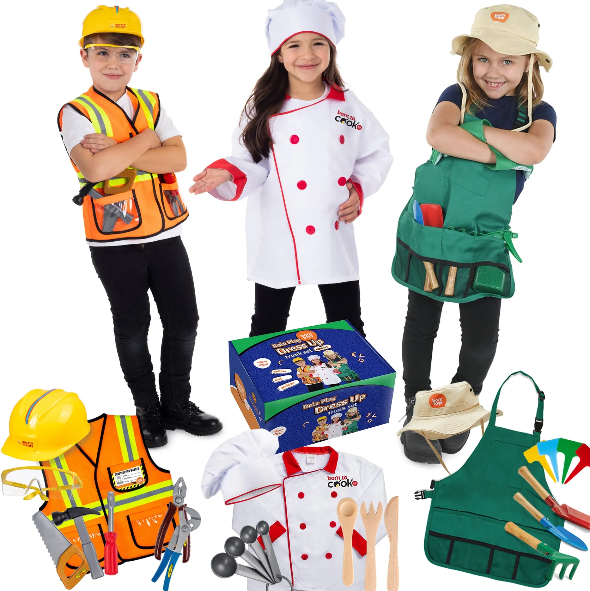 Educators Resource Bintiva 3-in-1 Dress Up Trunk Set - Construction Worker, Chef, Gardener* Dress Up & Accessories|Social & Emotional Skills