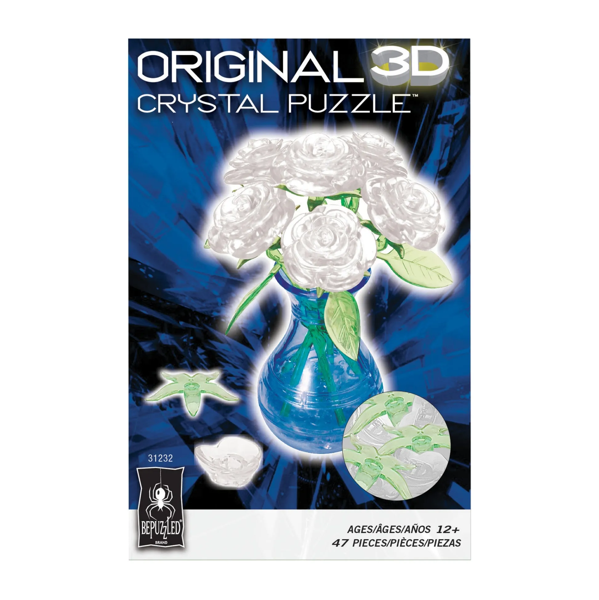 AreYouGame 3D Crystal Puzzle - Eloquent White Roses in a Vase, 47 Pieces* Puzzles