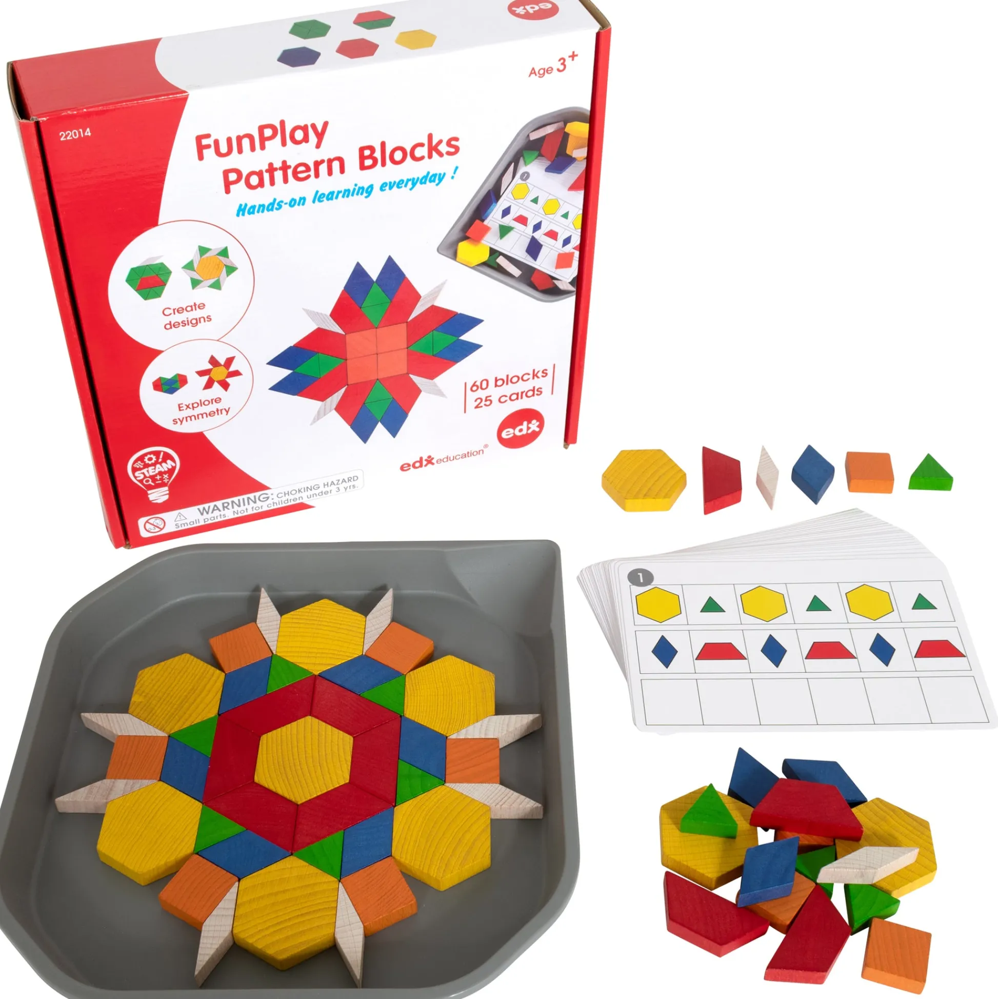 Educators Resource Edxeducation FunPlay Pattern Blocks - 60 Wooden Shapes & 50 Learning Activities with Tray* Preschool Education Toys & Activities