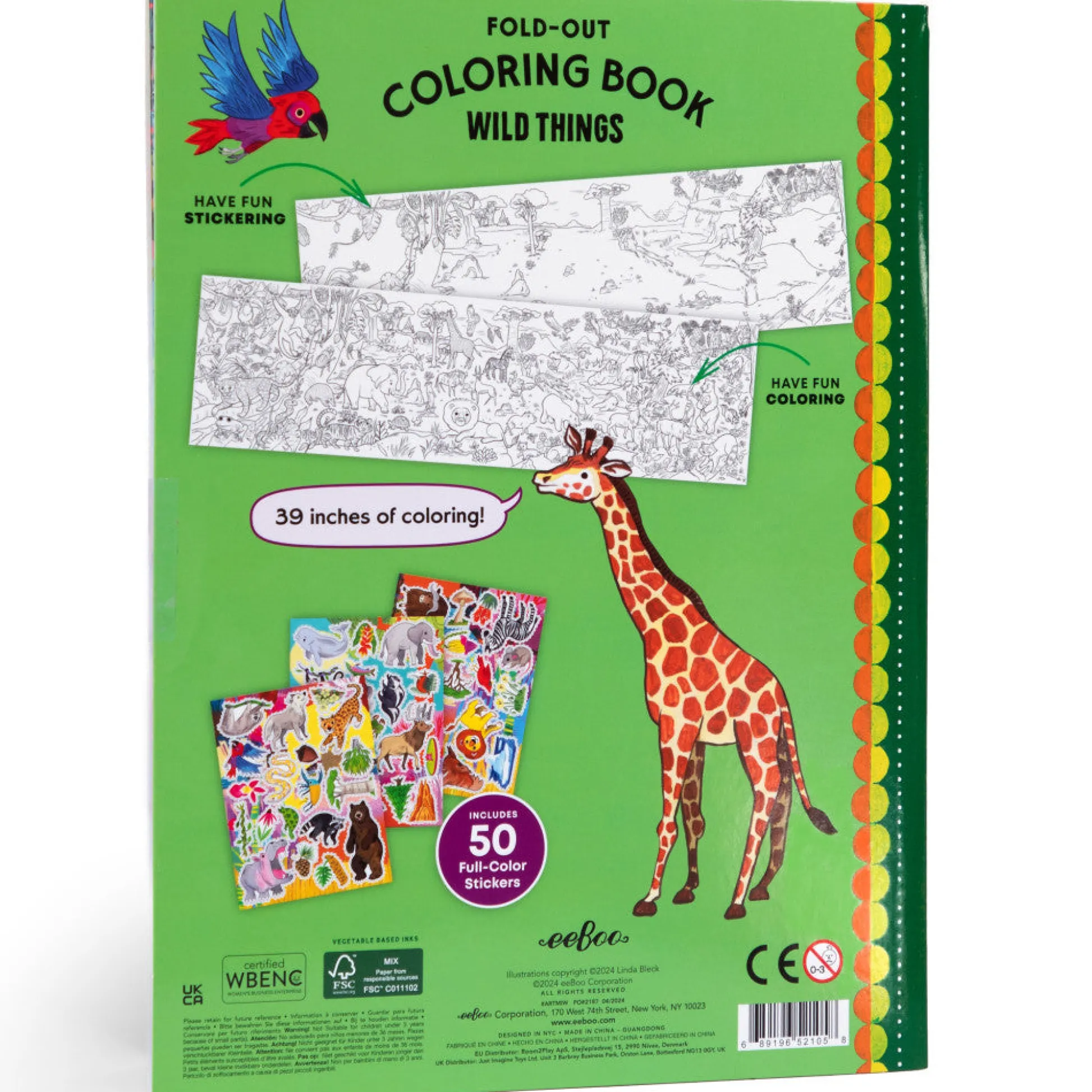 Flat River Group eeBoo Wild Things Fold-Out Coloring Mural Book with 50 Shiny Stickers*Kids Kids Books|Drawing, Color & Painting