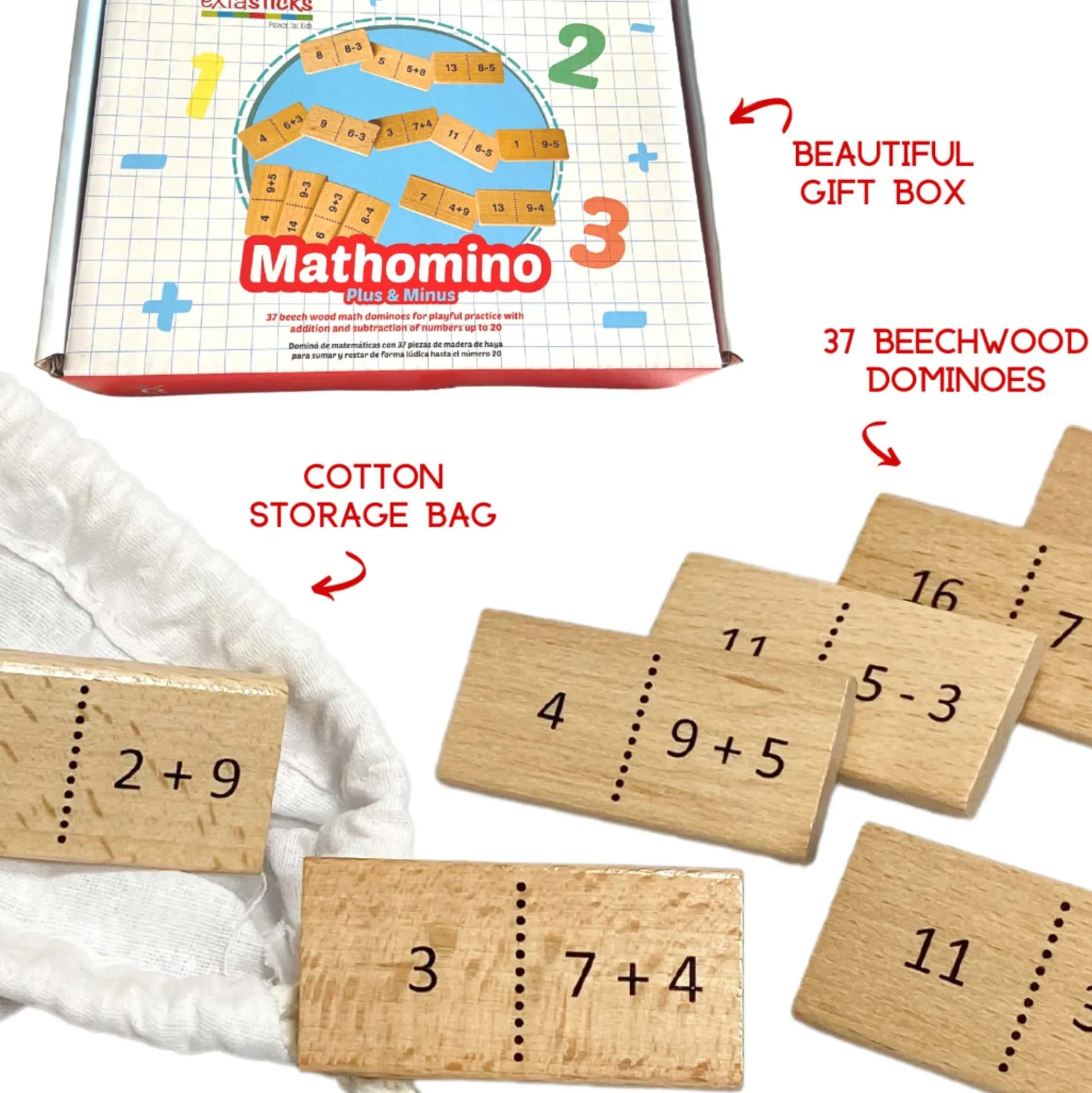 Educators Resource Extasticks Mathomino Plus & Minus Wooden Math Domino Game* Math Toys|Math, Counting & Time