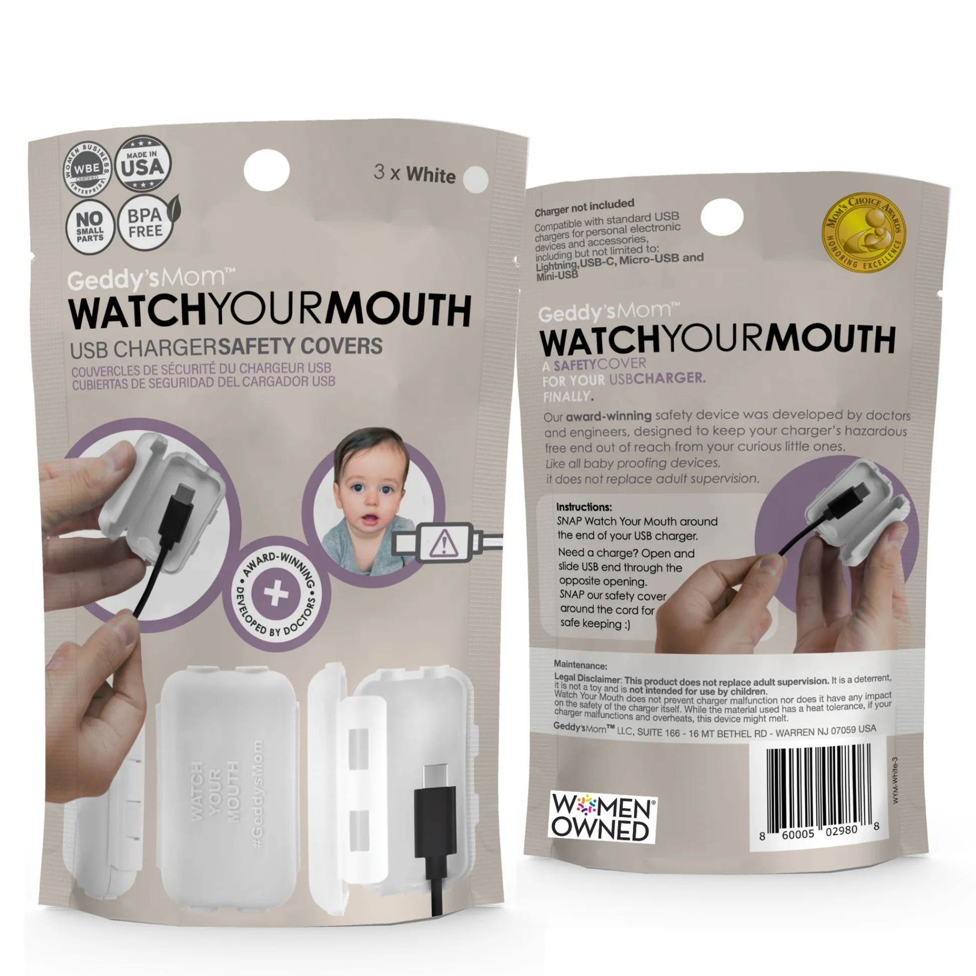 Flat River Group Geddy's Mom Watch Your Mouth - Baby Proofing USB Charger Safety Cover - White 3 Pack* Developmental Toys