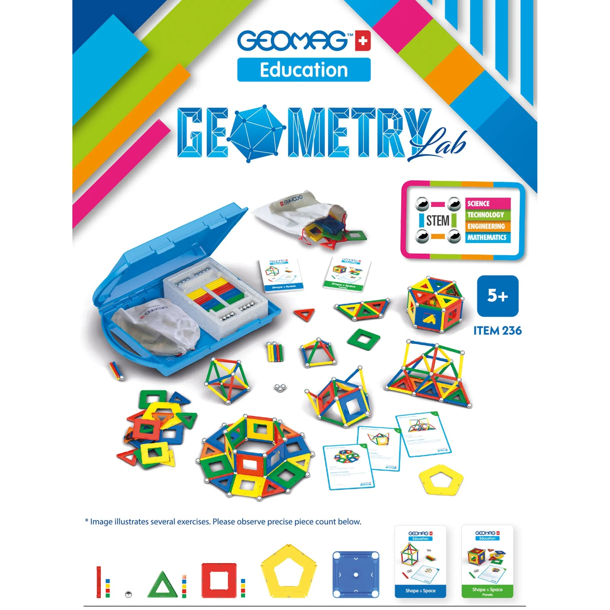 Educators Resource Geomag Geometry Lab Recycled Set - STEM Educational Toy - 244 Pieces* Magnetic Tiles & Building Sets