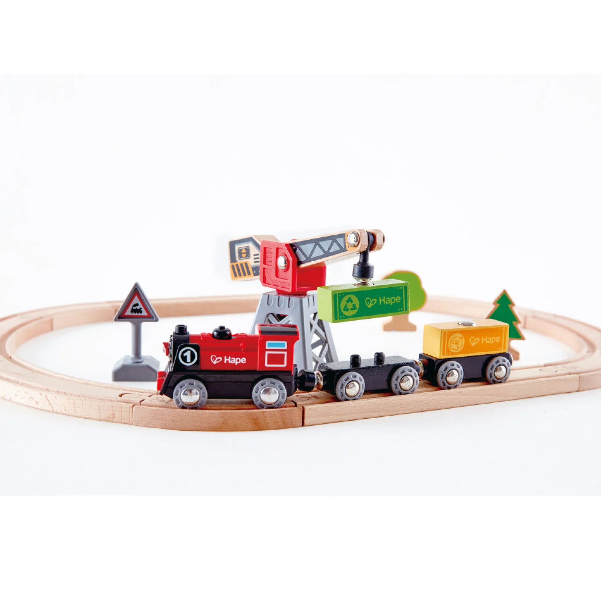 Flat River Group Hape - Cargo Delivery Loop - Battery Powered Engine & Oval Track Railway Set* Trains & Train Tables