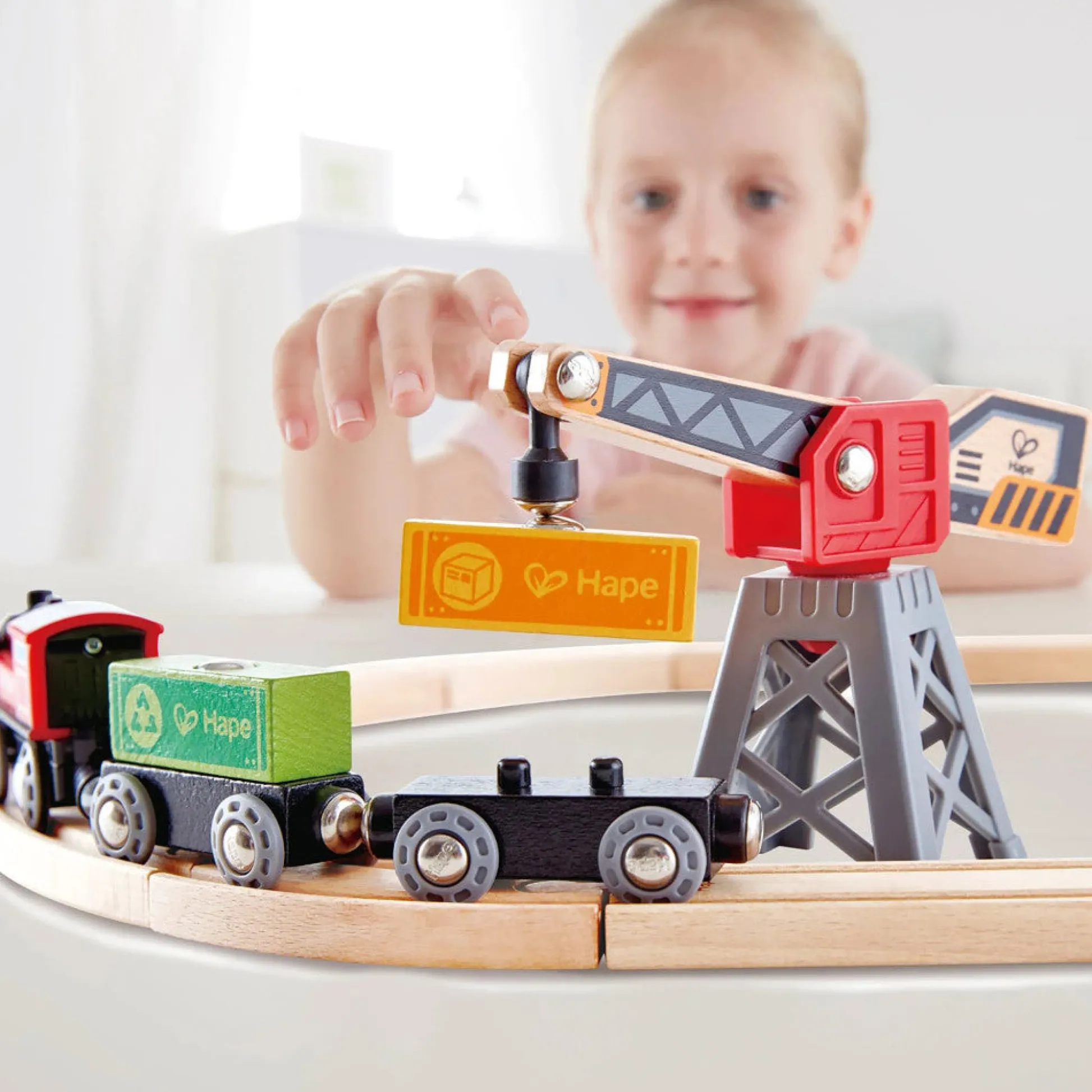 Flat River Group Hape - Cargo Delivery Loop - Battery Powered Engine & Oval Track Railway Set* Trains & Train Tables
