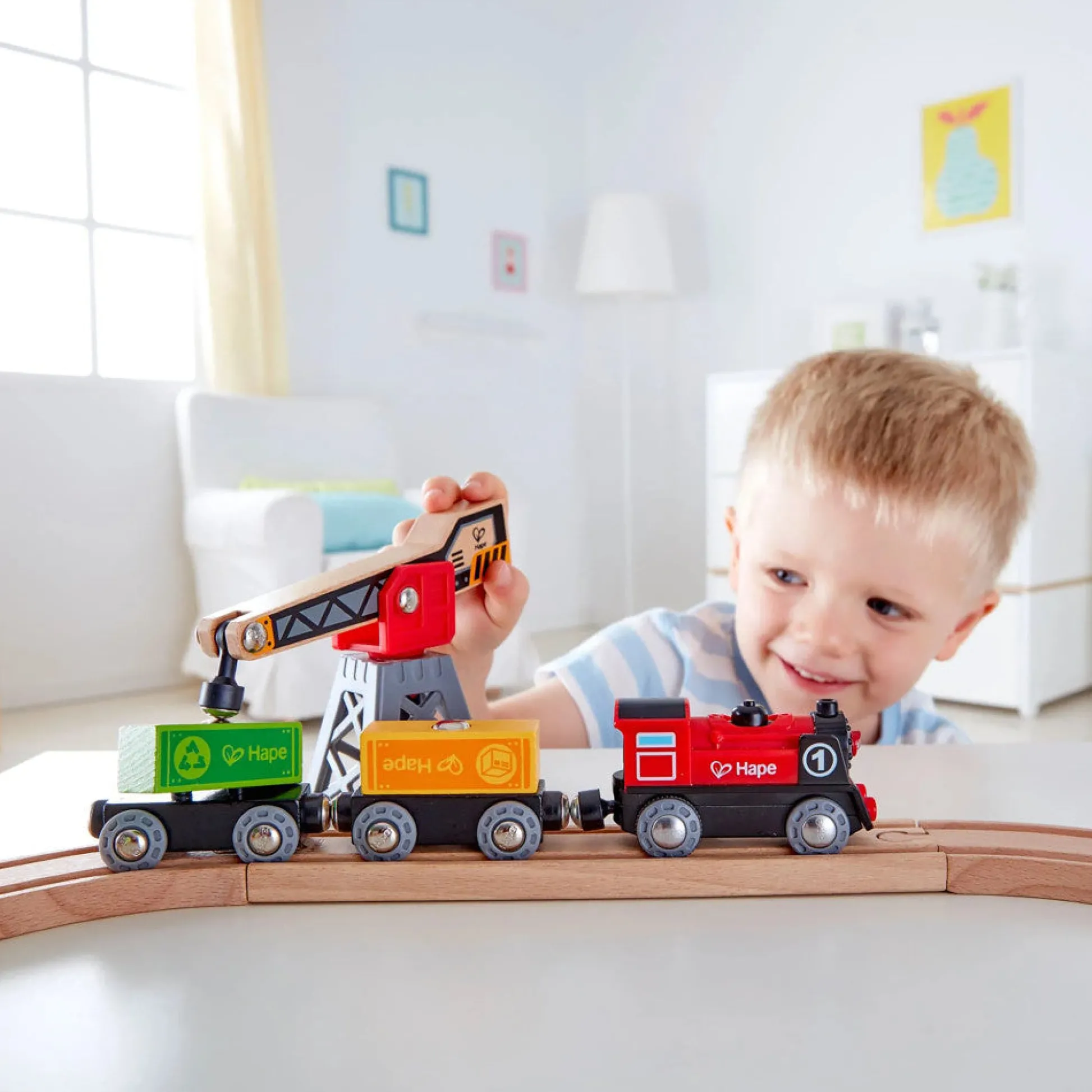 Flat River Group Hape - Cargo Delivery Loop - Battery Powered Engine & Oval Track Railway Set* Trains & Train Tables