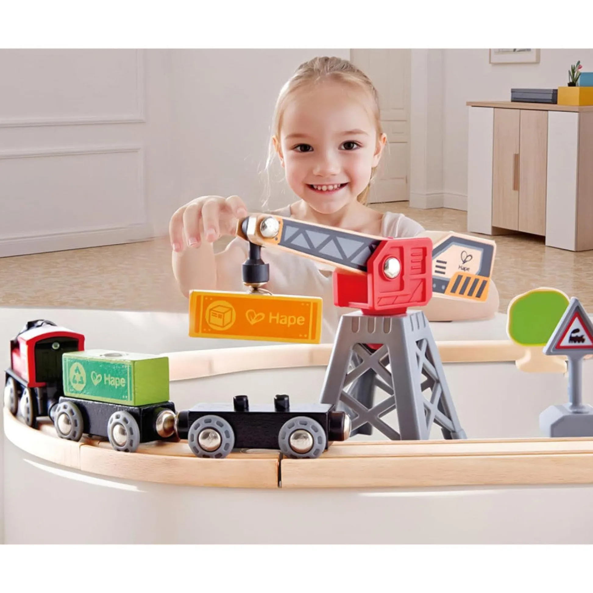 Flat River Group Hape - Cargo Delivery Loop - Battery Powered Engine & Oval Track Railway Set* Trains & Train Tables