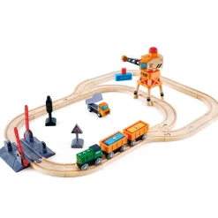 Flat River Group Hape - 32pc Wooden Train Cargo Railroad Yard - Crossing & Crane Set* Trains & Train Tables