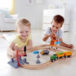 Flat River Group Hape - 32pc Wooden Train Cargo Railroad Yard - Crossing & Crane Set* Trains & Train Tables