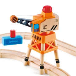 Flat River Group Hape - 32pc Wooden Train Cargo Railroad Yard - Crossing & Crane Set* Trains & Train Tables