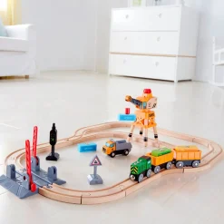 Flat River Group Hape - 32pc Wooden Train Cargo Railroad Yard - Crossing & Crane Set* Trains & Train Tables