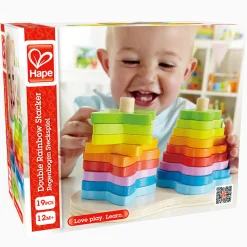 Flat River Group Hape Double Rainbow Stacker – Blossom & Star Wooden Toy* Blocks, Sorting & Stacking Toys