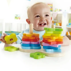 Flat River Group Hape Double Rainbow Stacker – Blossom & Star Wooden Toy* Blocks, Sorting & Stacking Toys