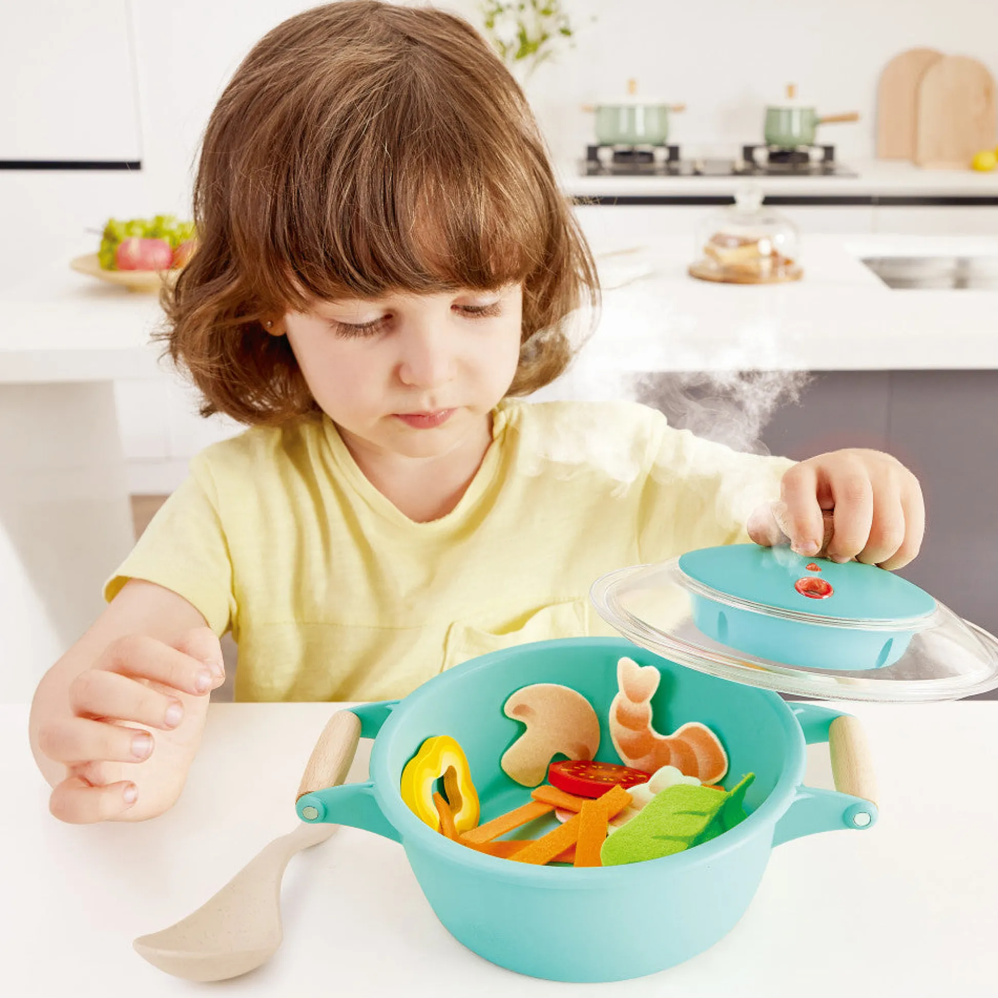 Flat River Group Hape Little Chef Teal Wooden Kitchen Playset - 9pc Cooking & Steam Set* Kitchens & Play Food|Dress Up