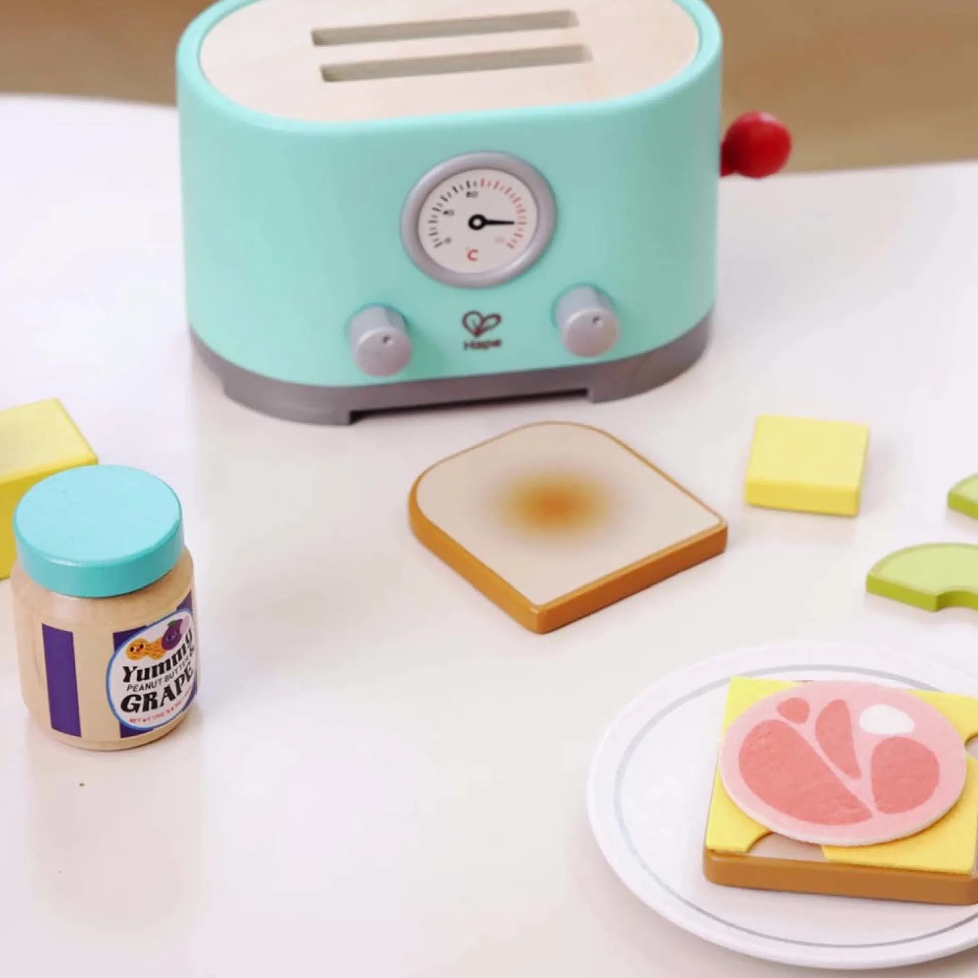Flat River Group Hape 15pc Ding & Pop-Up Toaster - Teal Wooden Food Playset* Kitchens & Play Food|Dress Up