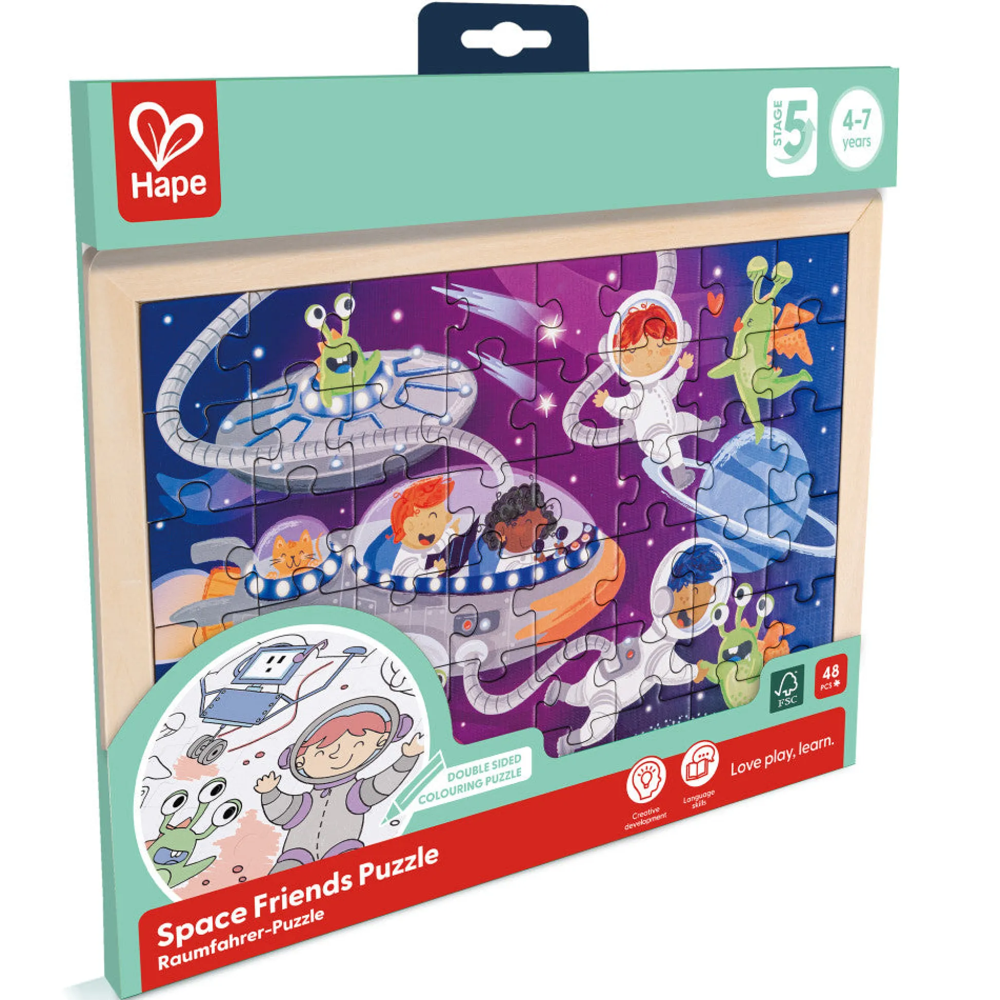 Flat River Group Hape Space Friends 48pc Double-Sided Coloring Jigsaw Puzzle* Puzzles