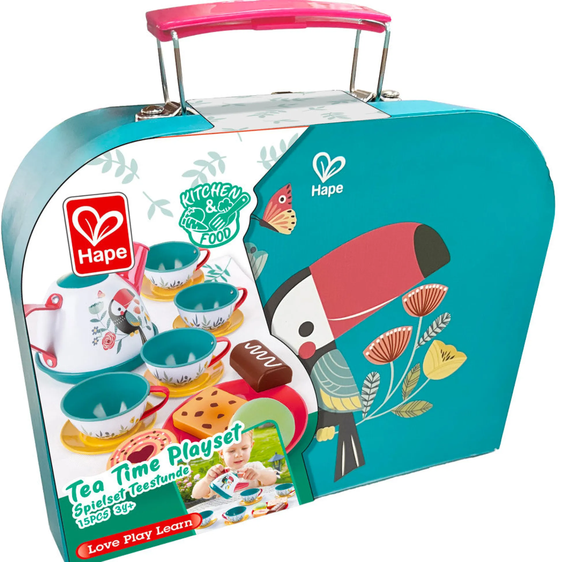 Flat River Group Hape Tea Time Playset - 15pc Teal & Pink with Carry Case* Kitchens & Play Food|Dress Up