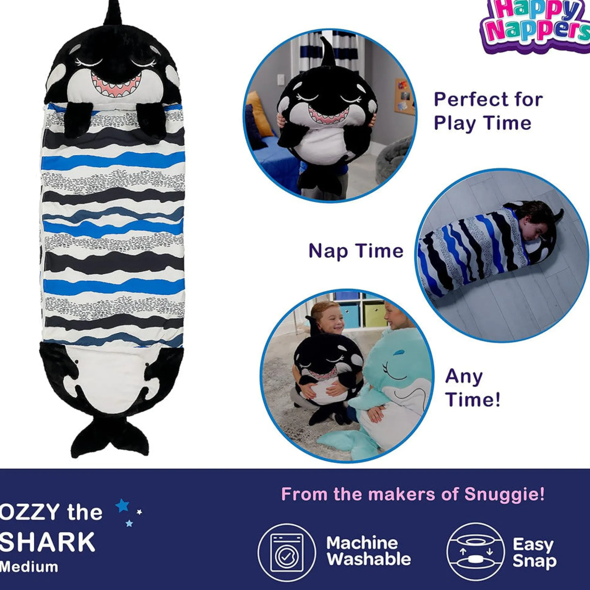 Flat River Group Happy Nappers 54 inch Ozzy The Black Shark 2-in-1 Plush Pillow and Sleepy Sack* Stuffed Animals|Stuffed Animals & Plush Toys