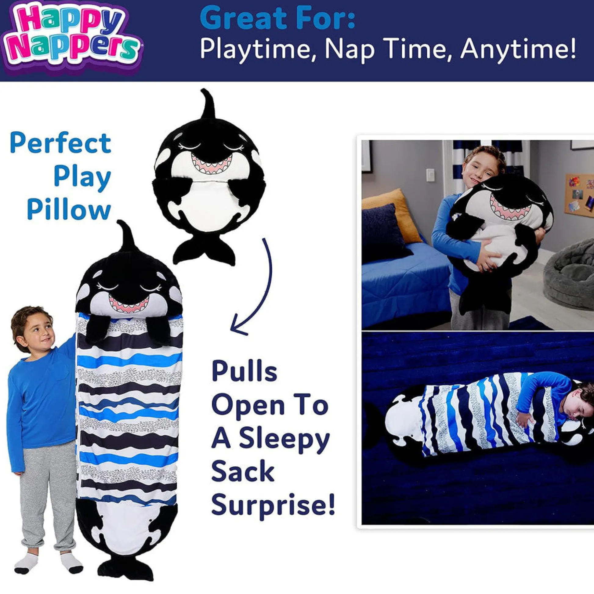 Flat River Group Happy Nappers 54 inch Ozzy The Black Shark 2-in-1 Plush Pillow and Sleepy Sack* Stuffed Animals|Stuffed Animals & Plush Toys