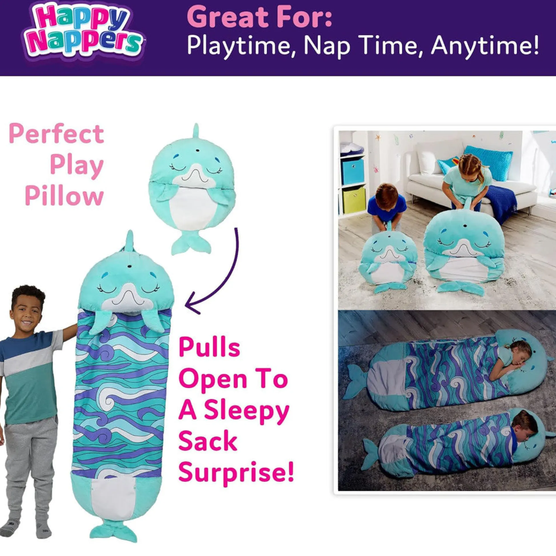 Flat River Group Happy Nappers Dolphin Disco 54 inch Plush Pillow & Sleepy Sack - Medium* Stuffed Animals|Stuffed Animals & Plush Toys
