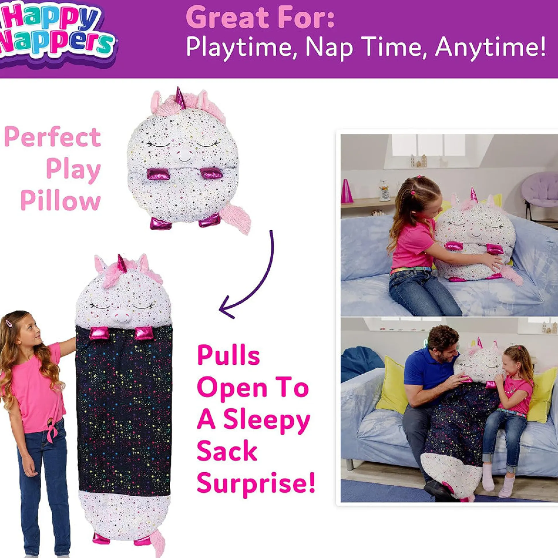 Flat River Group Happy Nappers Shimmer Unicorn Large 66 inch Pillow & Sleepy Sack - Kids 7+* Stuffed Animals|Stuffed Animals & Plush Toys