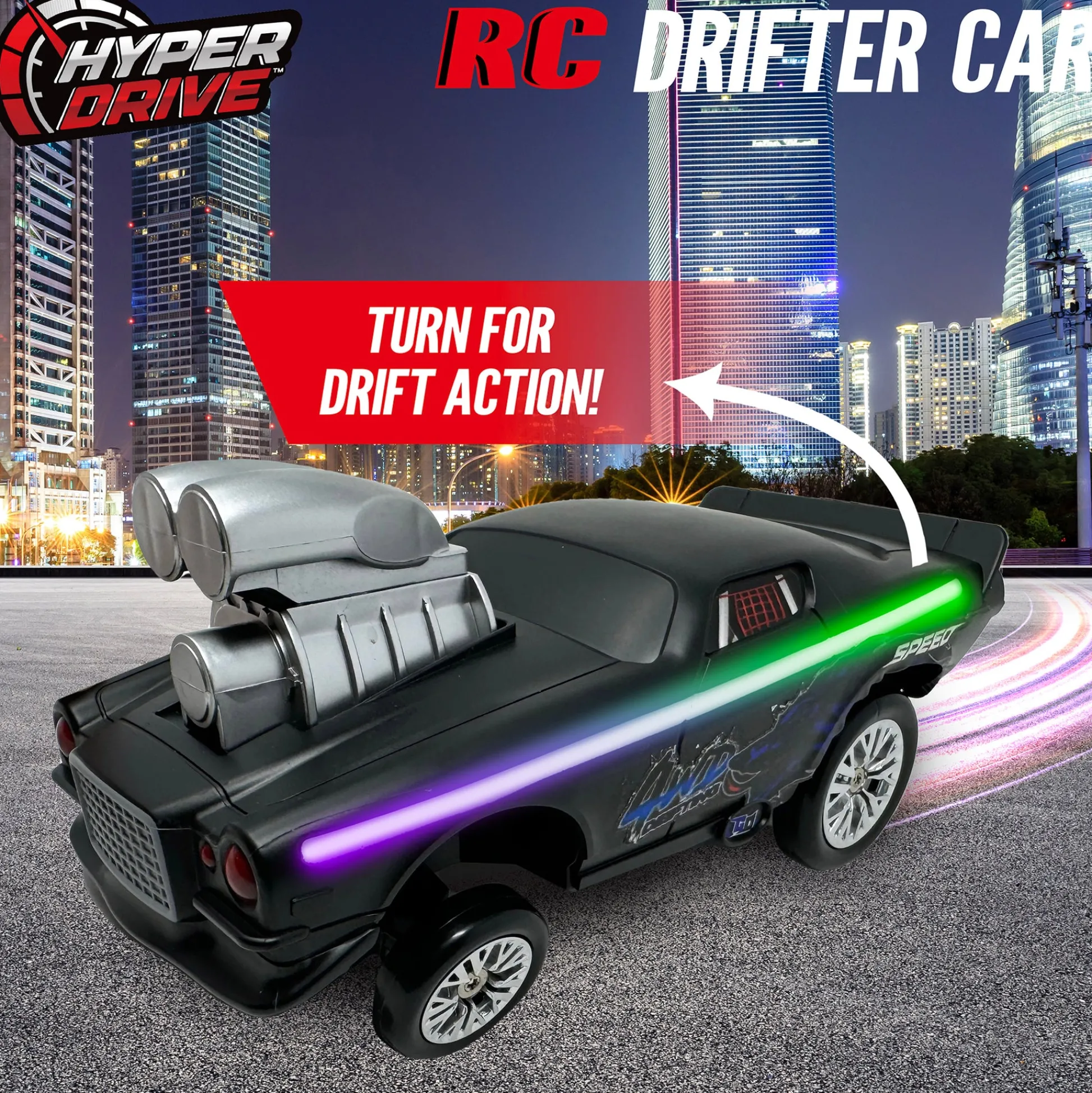 Flat River Group Hyper Drive RC 1:16 Scale Street Racer - Black-Green with LED Lights* Rc Cars & Flight