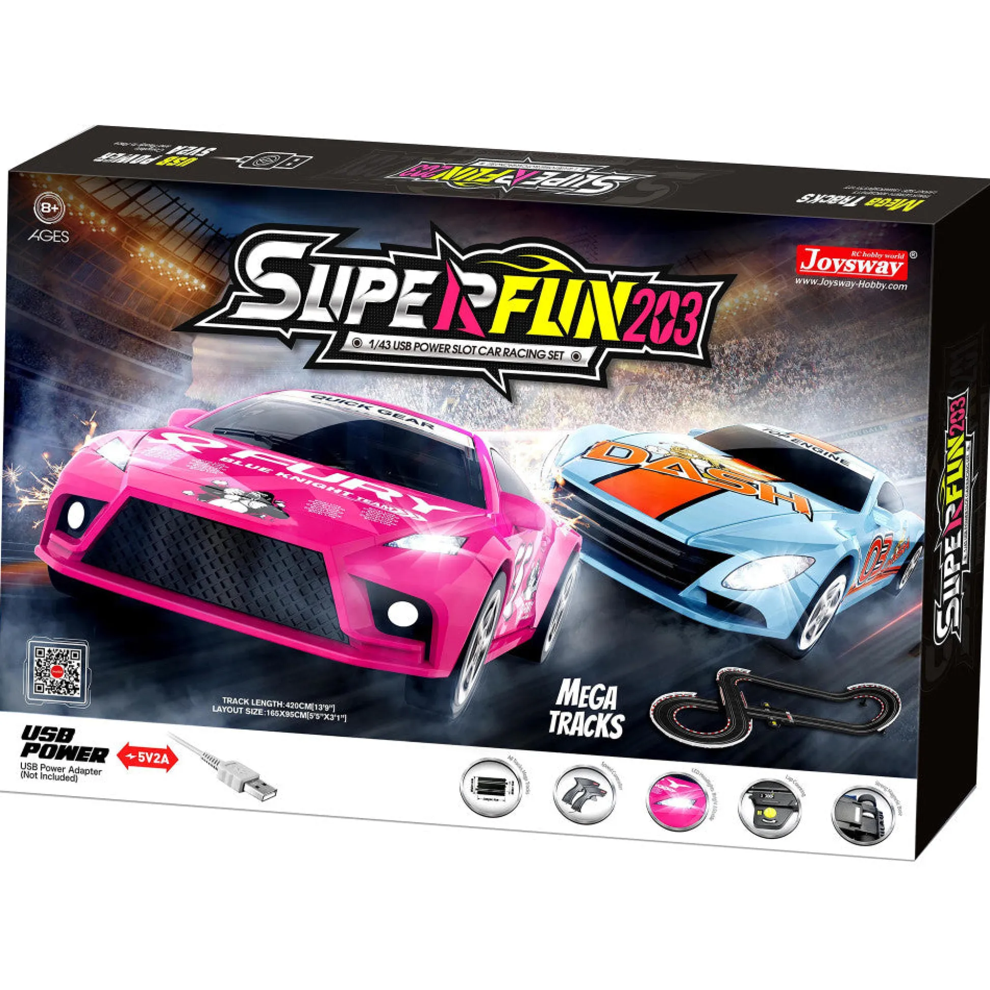 Flat River Group Joysway SuperFun 203 - 1/43 Scale USB-Powered Slot Car Racing Set with LED Headlights and Lap Counter* Playsets & Racetracks