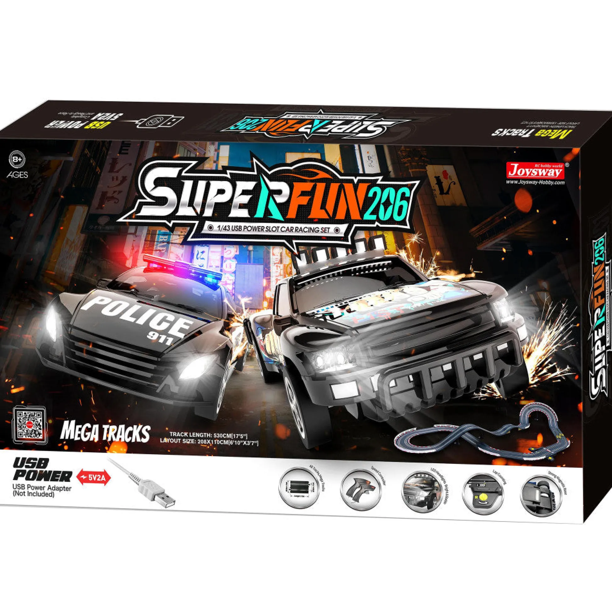 Flat River Group Joysway SuperFun 206 1:43 USB-Powered Slot Car Racing Set with LED Headlights and Lap Counter* Playsets & Racetracks