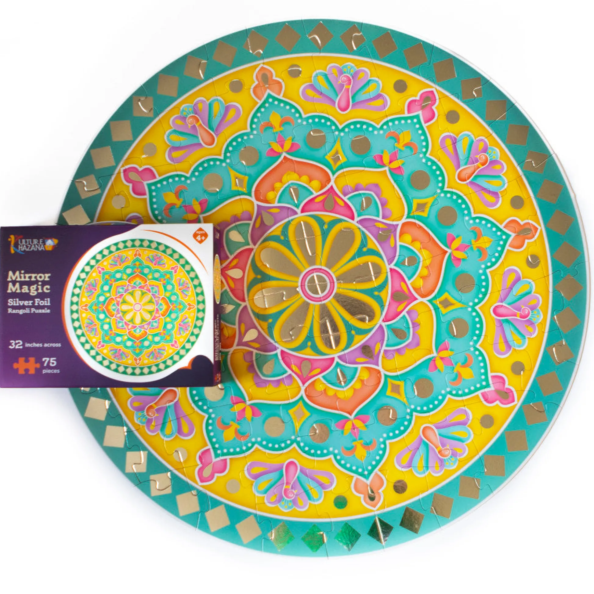 Flat River Group Kulture Khazana Mirror Magic Silver Foil Rangoli Floor Puzzle - 75pc* Puzzles