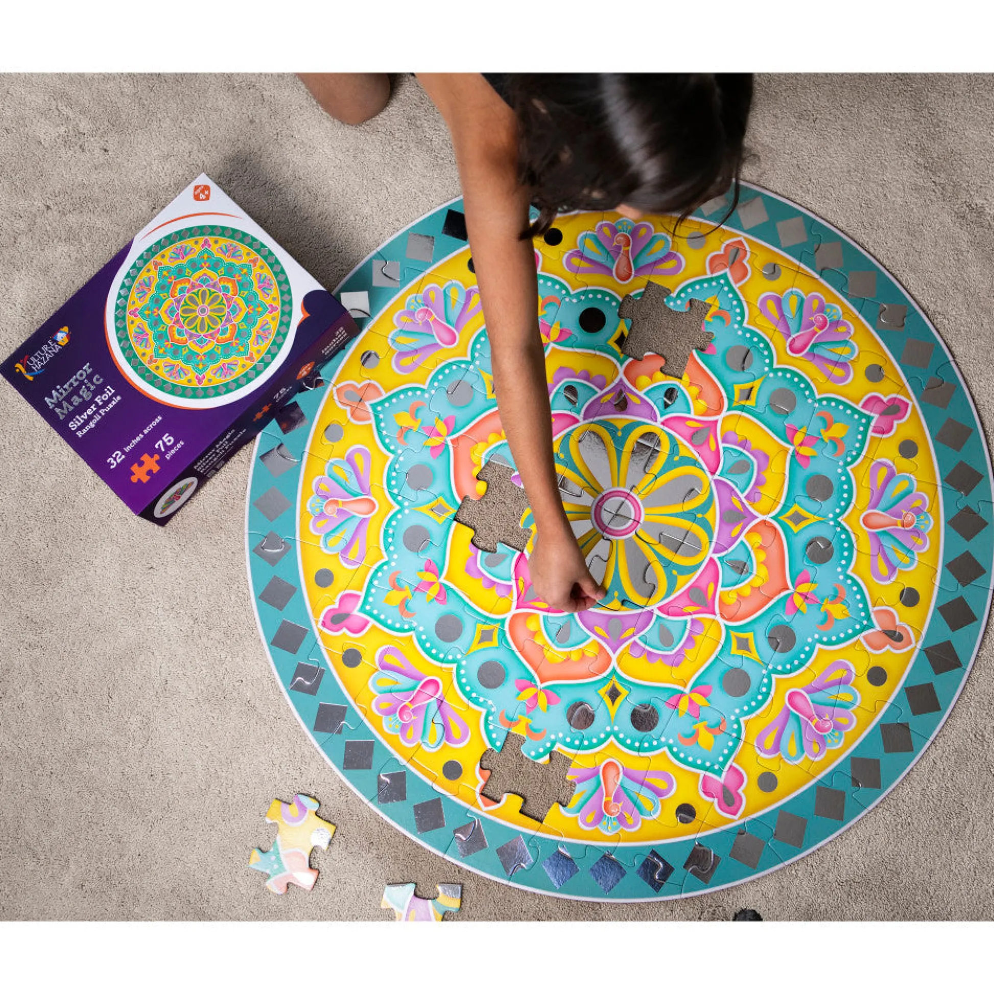 Flat River Group Kulture Khazana Mirror Magic Silver Foil Rangoli Floor Puzzle - 75pc* Puzzles