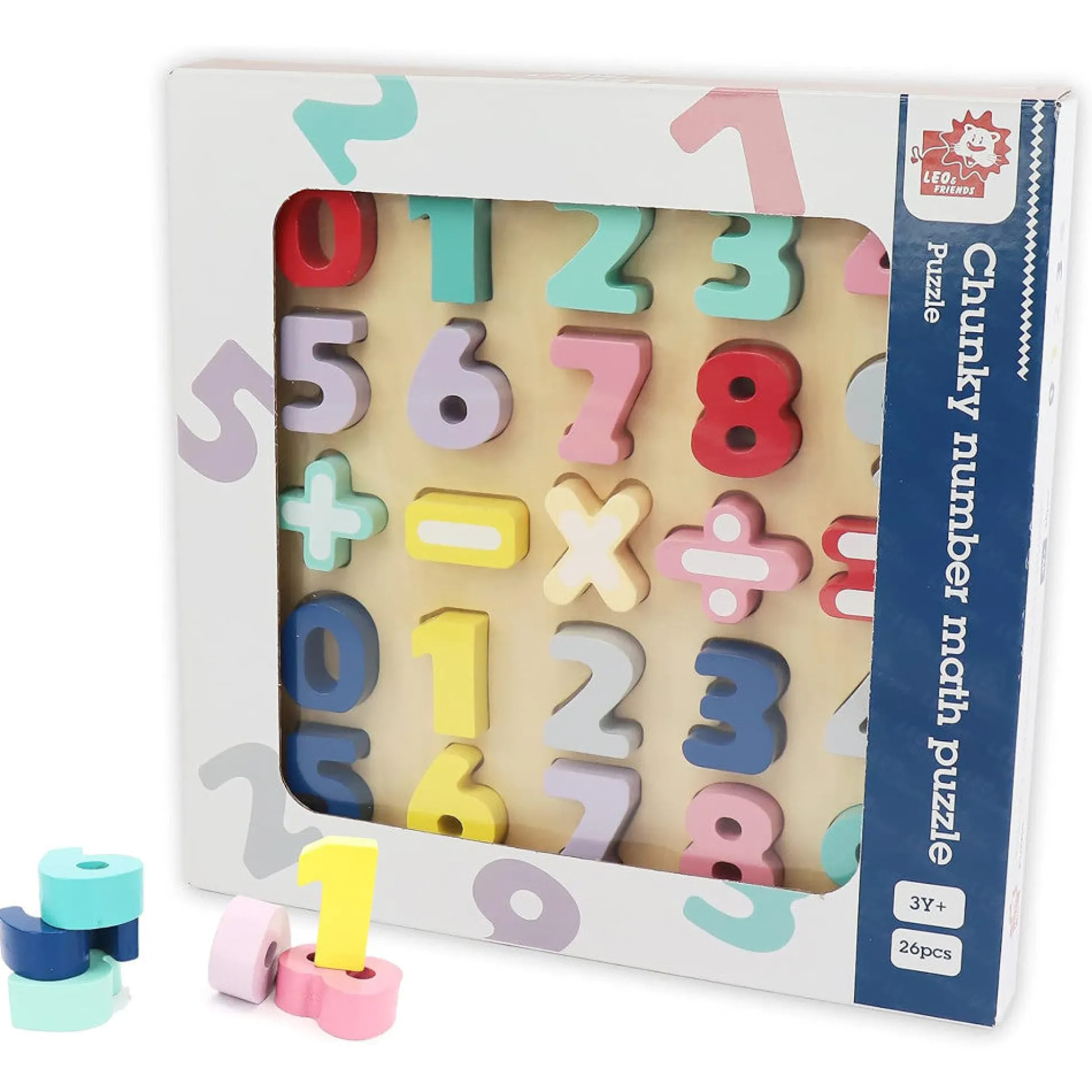 Flat River Group LEO & FRIENDS Colorful Wooden Chunky Number Math Puzzle - 26 Pieces, Learning Toy* Math Toys|Math, Counting & Time