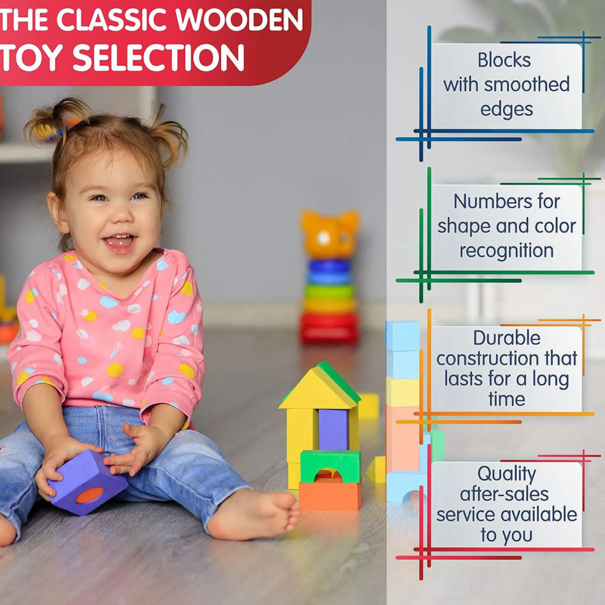 Flat River Group LEO & FRIENDS Count & Spell Building Block Set - 50 Colorful Wooden Pieces* Wood & Jumbo Blocks
