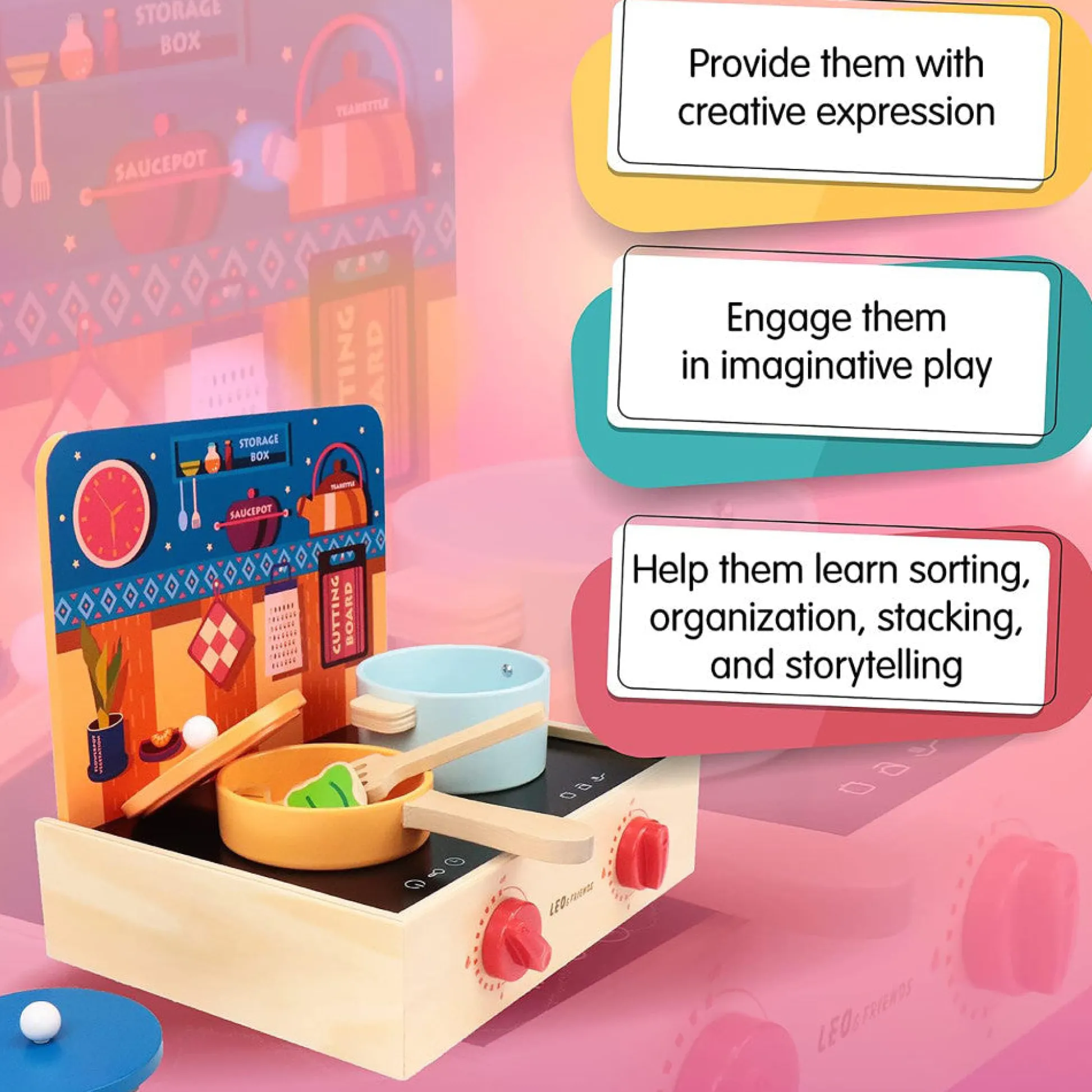 Flat River Group LEO & FRIENDS 2-In-1 Wooden Mini Kitchen Playset - 15pcs* Kitchens & Play Food|Dress Up