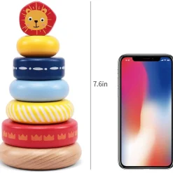 Flat River Group LEO & FRIENDS Lion-Top Wooden Stacking Ring Toy - Colorful* Blocks, Sorting & Stacking Toys