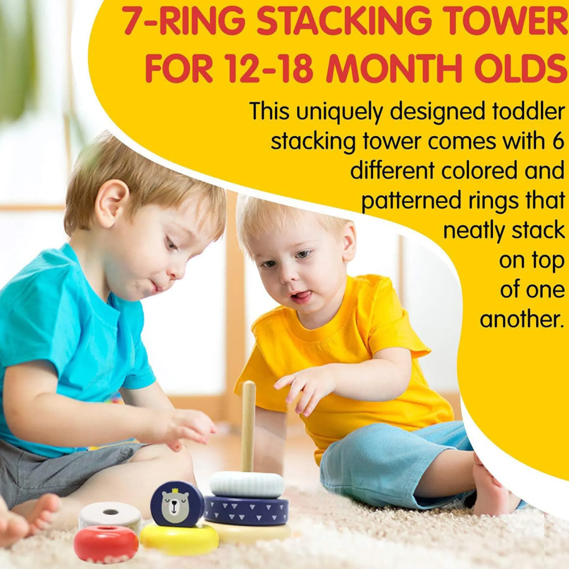 Flat River Group LEO & FRIENDS Montessori-Approved Wooden Stacking Rings - Benny The Bear* Blocks, Sorting & Stacking Toys