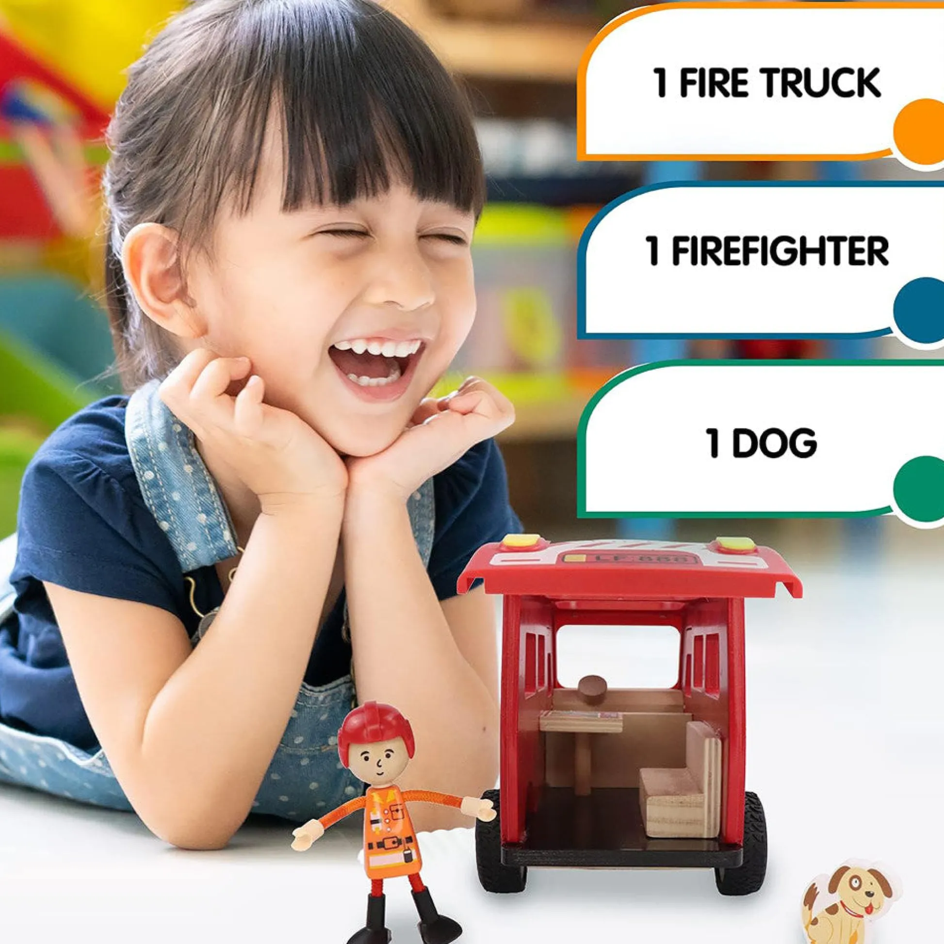 Flat River Group LEO & FRIENDS Wooden Fire Truck Adventure Playset - 3 Pieces* Preschool Education Toys & Activities|Preschool Vehicles