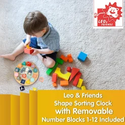 Flat River Group LEO & FRIENDS Wooden Shape Sorting Clock Puzzle - 13pc Colorful Educational Set* Preschool Education Toys & Activities|Puzzles