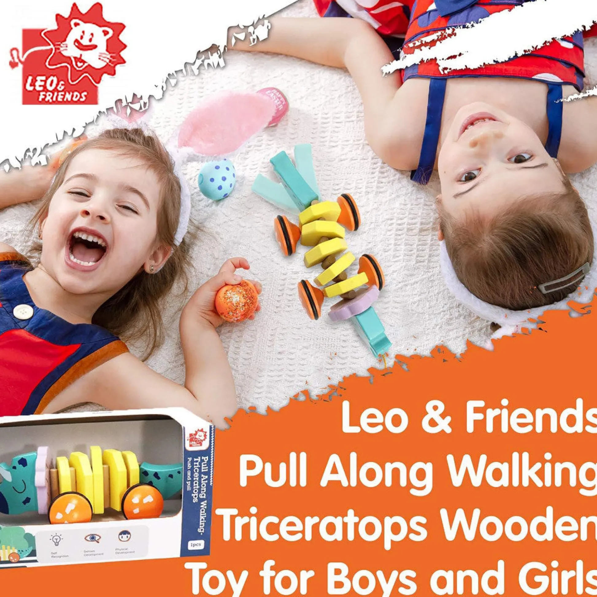 Flat River Group LEO & FRIENDS Wooden Triceratops Pull-Along Toy* Preschool Education Toys & Activities|Preschool Vehicles